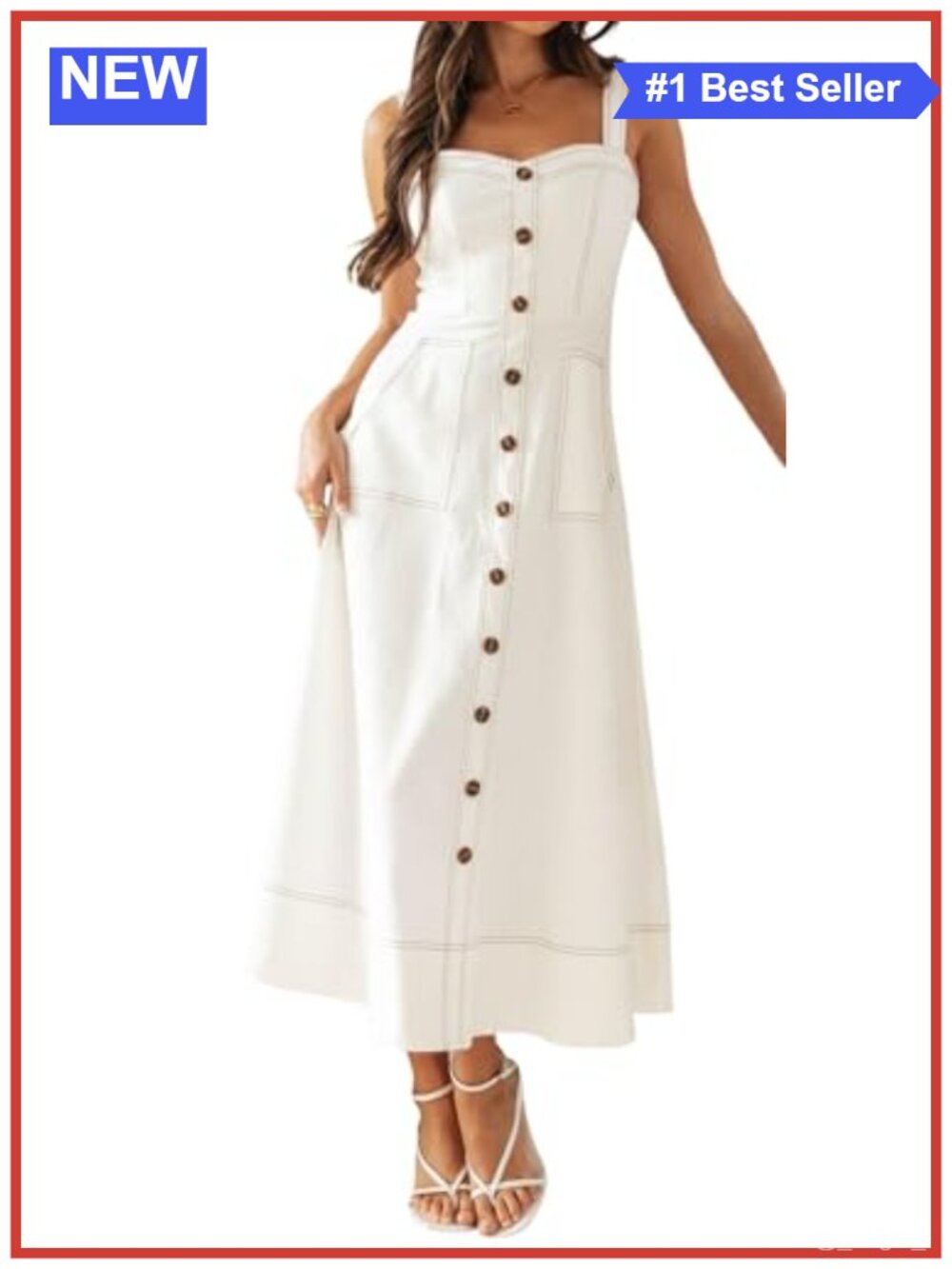 Sleeveless Midi Denim Dress Adjustable Strap Button Down A-Line Flowy Jean
